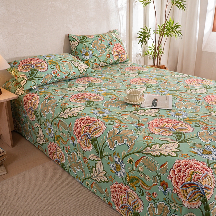 91家纺网 家纺一手货源 找家纺 博弈家纺   2026新款亲肤舒适原棉老粗布床单凉席三件套系列 花满园