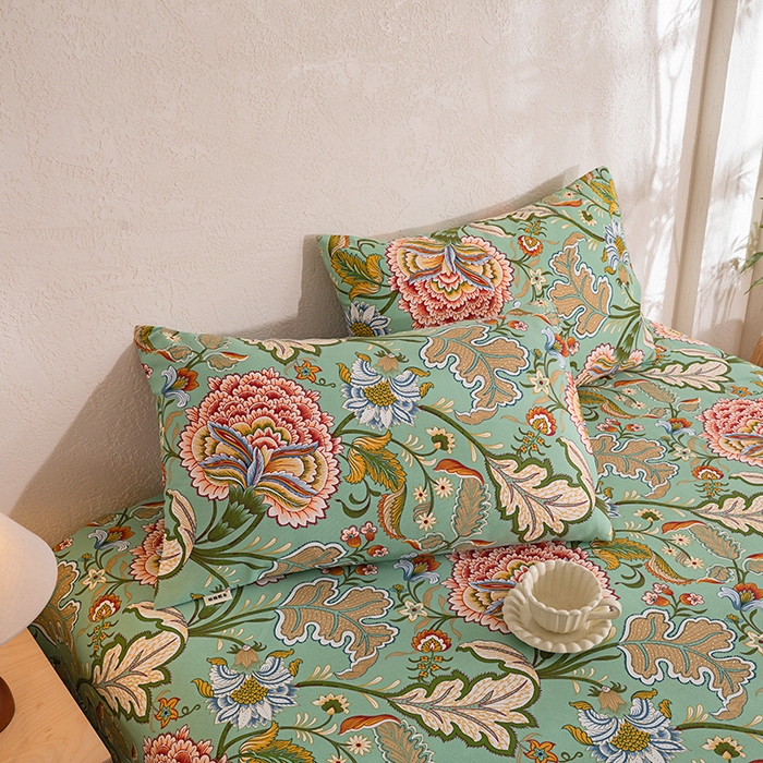 91家纺网 家纺一手货源 找家纺 博弈家纺   2026新款亲肤舒适原棉老粗布床单凉席三件套系列 花满园