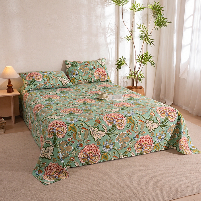 91家纺网 家纺一手货源 找家纺 博弈家纺   2026新款亲肤舒适原棉老粗布床单凉席三件套系列 花满园