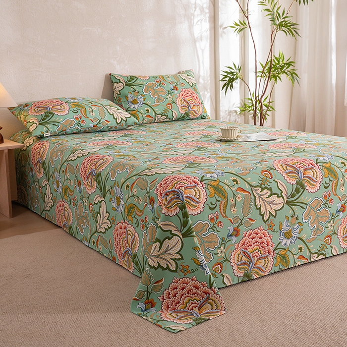 91家纺网 家纺一手货源 找家纺 博弈家纺   2026新款亲肤舒适原棉老粗布床单凉席三件套系列 花满园