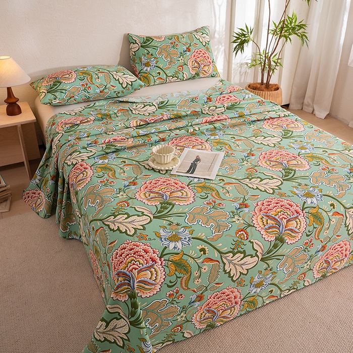 91家纺网 家纺一手货源 找家纺 博弈家纺   2026新款亲肤舒适原棉老粗布床单凉席三件套系列 花满园