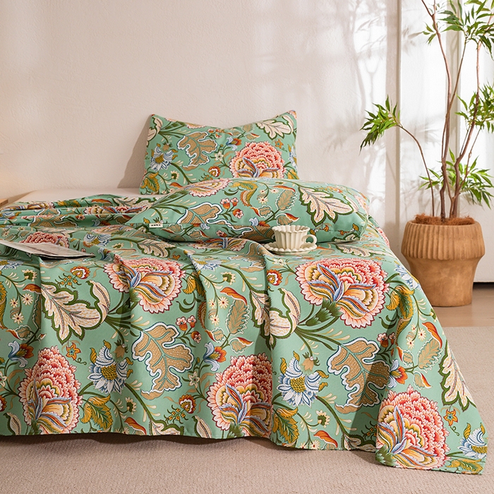 91家纺网 家纺一手货源 找家纺 博弈家纺   2026新款亲肤舒适原棉老粗布床单凉席三件套系列 花满园