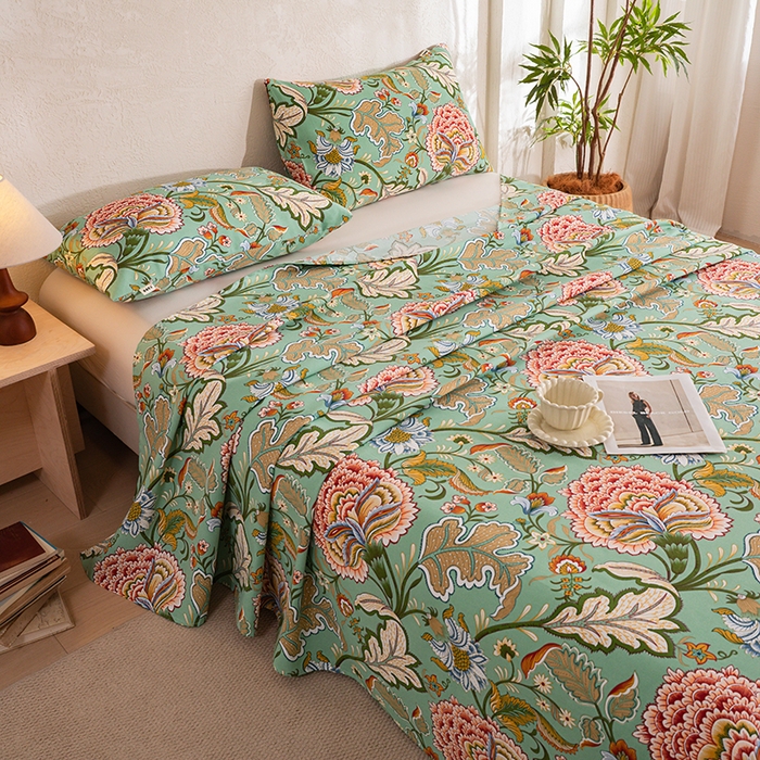 91家纺网 家纺一手货源 找家纺 博弈家纺   2026新款亲肤舒适原棉老粗布床单凉席三件套系列 花满园