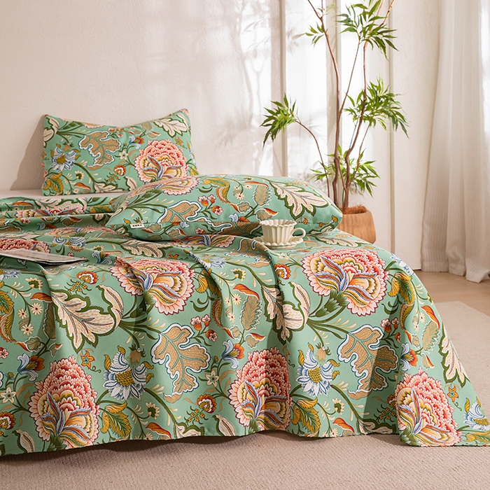 91家纺网 家纺一手货源 找家纺 博弈家纺   2026新款亲肤舒适原棉老粗布床单凉席三件套系列 花满园