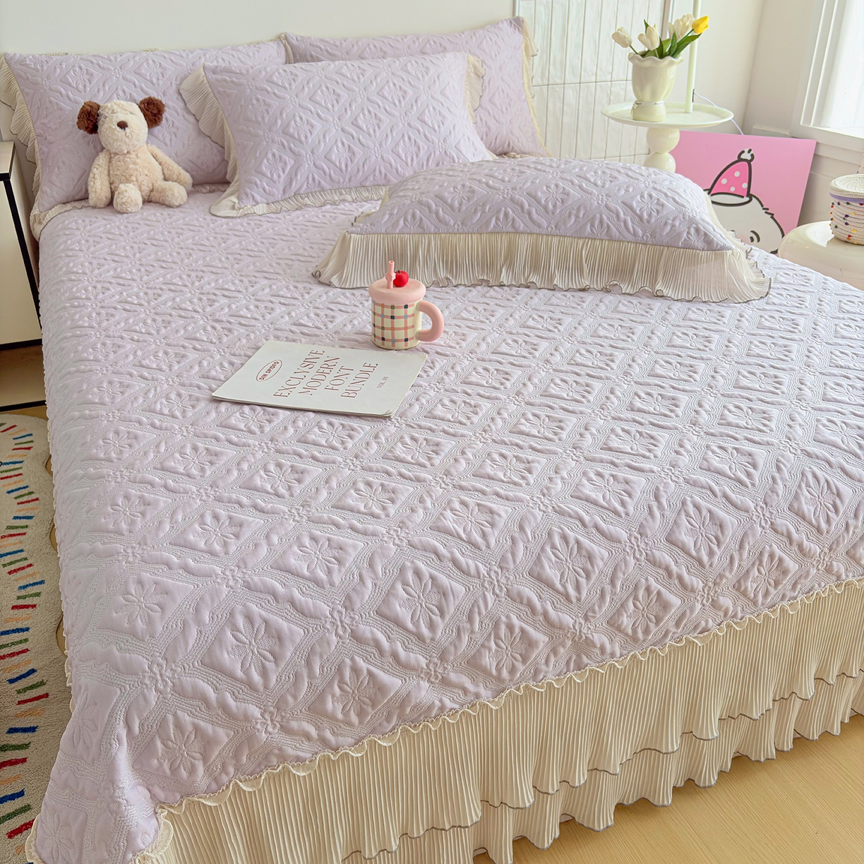 91家纺网 家纺一手货源 找家纺 暖芯家纺 2026新款PE乙纶高克重凉感丝网纱床裙凉席席子三件套 洛芙漫-香芋紫