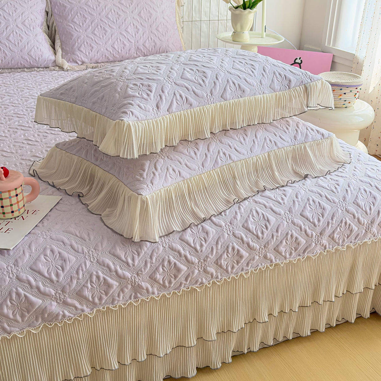 91家纺网 家纺一手货源 找家纺 暖芯家纺 2026新款PE乙纶高克重凉感丝网纱床裙凉席席子三件套 洛芙漫-香芋紫