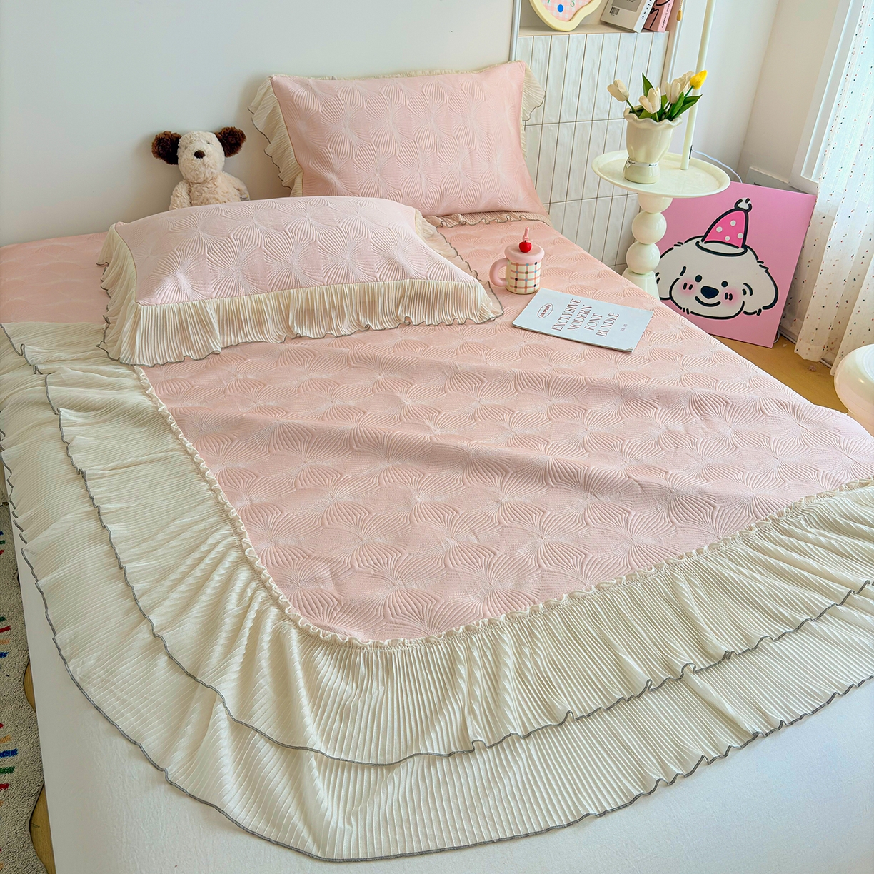 91家纺网 家纺一手货源 找家纺 暖芯家纺 2026新款PE乙纶高克重凉感丝网纱床裙凉席席子三件套 轻梦瑶-柔雾粉