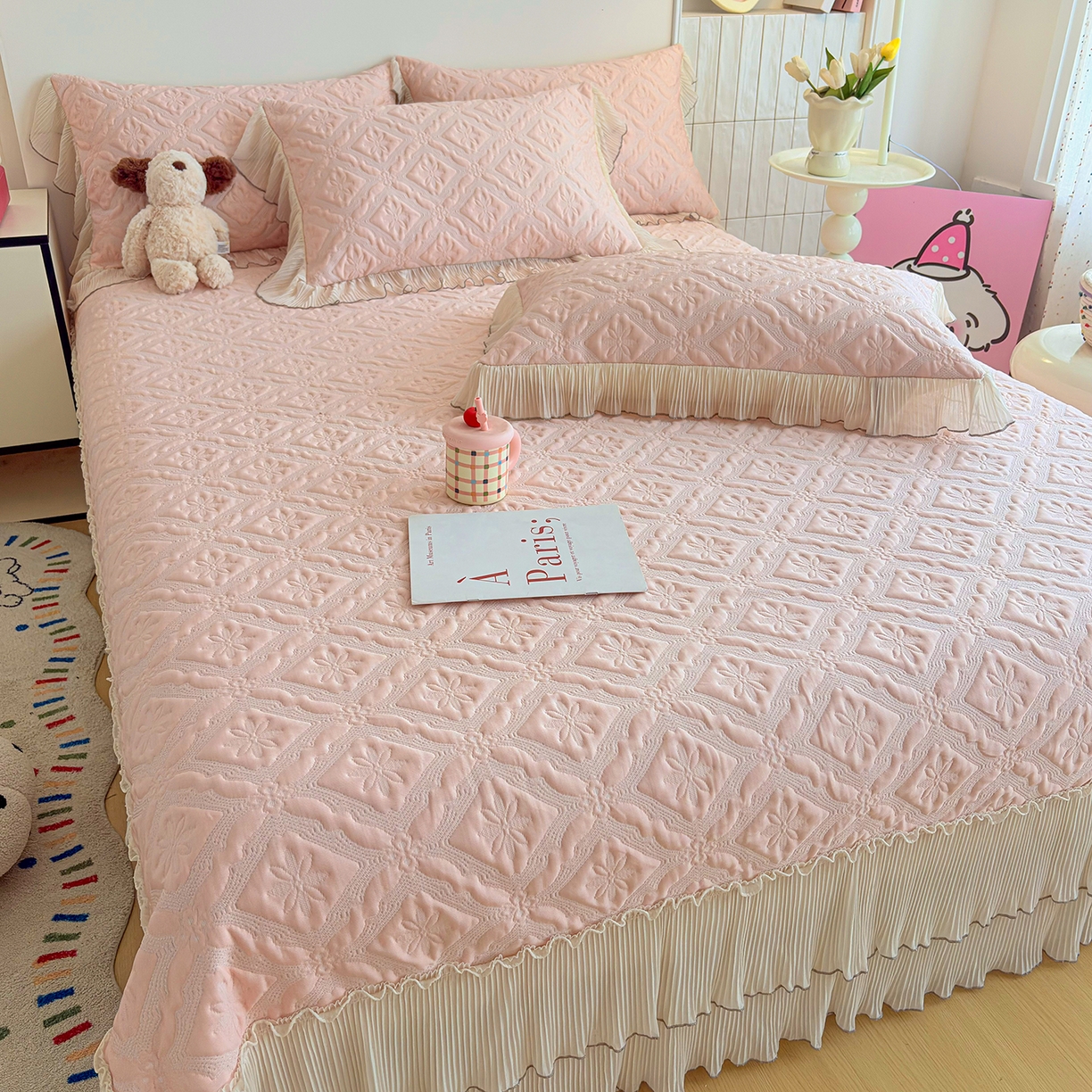 91家纺网 家纺一手货源 找家纺 暖芯家纺 2026新款PE乙纶高克重凉感丝网纱床裙凉席席子三件套 洛芙漫-柔雾粉