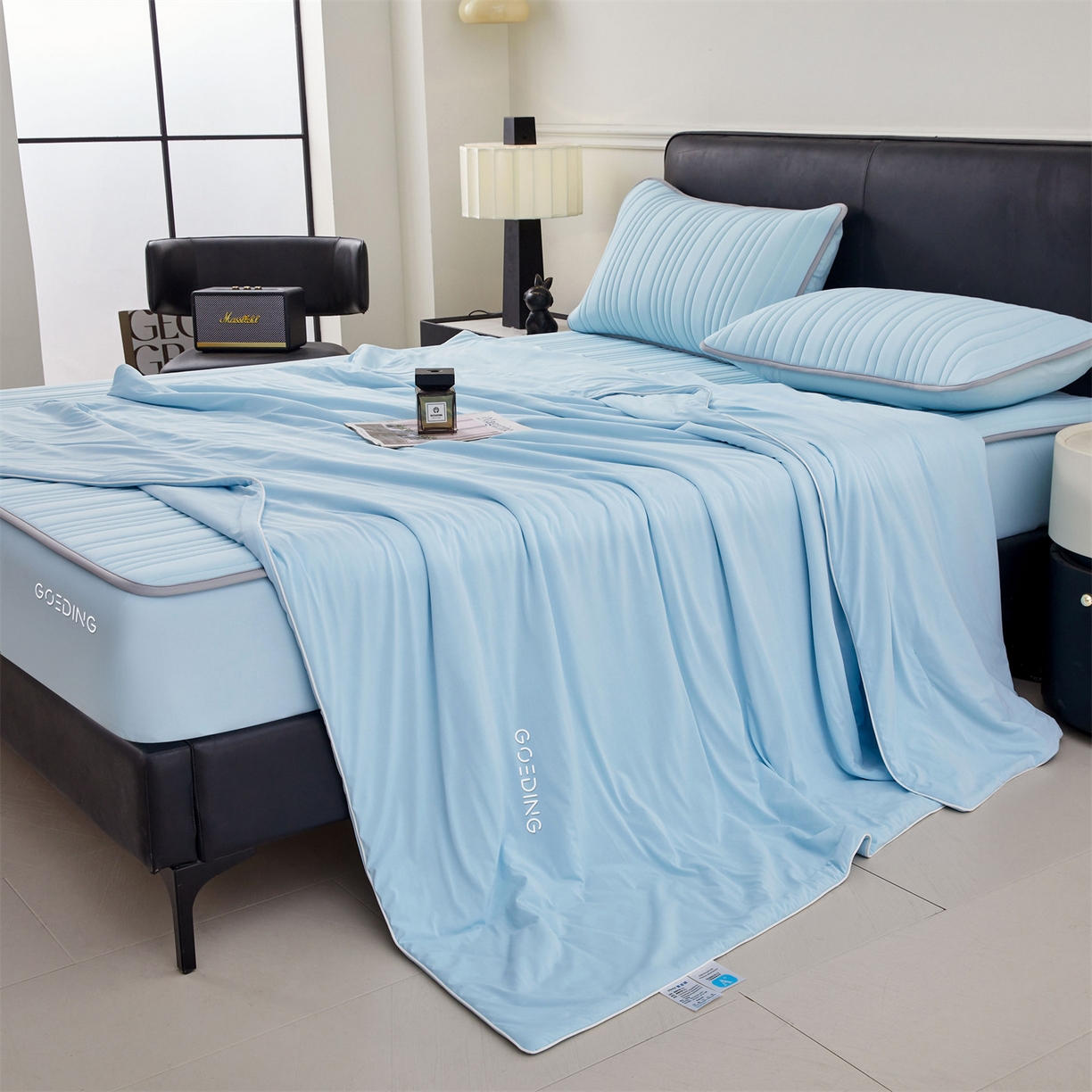 91家纺网 家纺一手货源 找家纺 雯豆家纺 2026春夏新款氨纶凉感丝床笠夏被四件套0.28凉感值空调被子被芯 知夏-水蓝