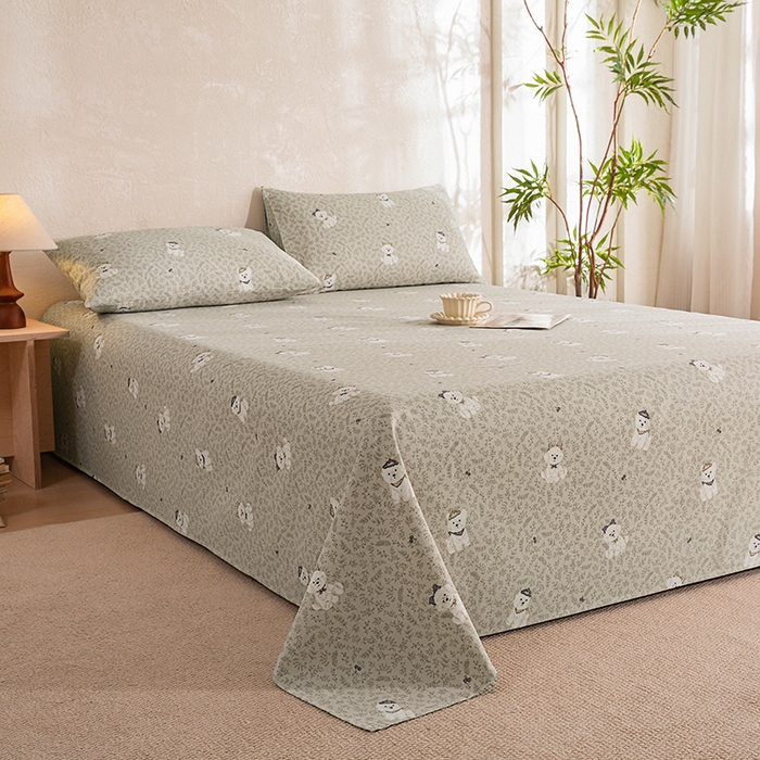 91家纺网 家纺一手货源 找家纺 博弈家纺   2026新款亲肤舒适原棉老粗布床单凉席三件套系列 花漾小狗