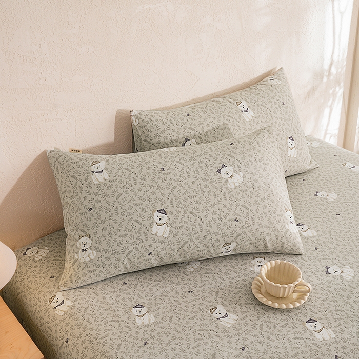 91家纺网 家纺一手货源 找家纺 博弈家纺   2026新款亲肤舒适原棉老粗布床单凉席三件套系列 花漾小狗