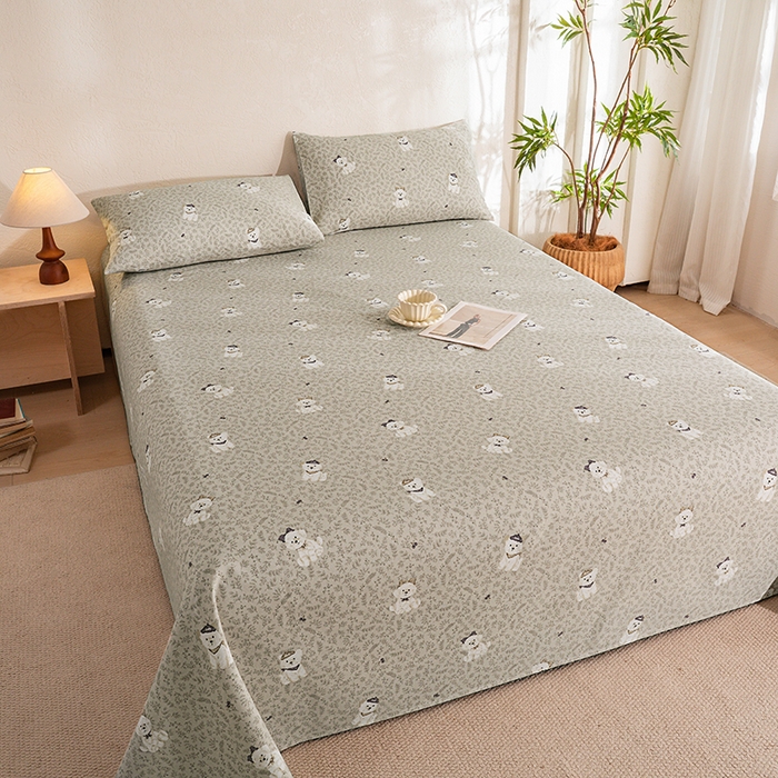 91家纺网 家纺一手货源 找家纺 博弈家纺   2026新款亲肤舒适原棉老粗布床单凉席三件套系列 花漾小狗