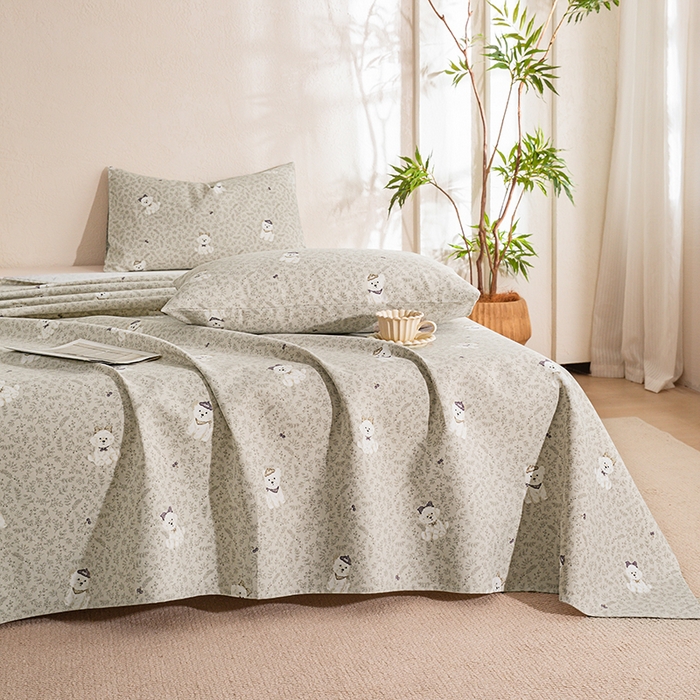 91家纺网 家纺一手货源 找家纺 博弈家纺   2026新款亲肤舒适原棉老粗布床单凉席三件套系列 花漾小狗