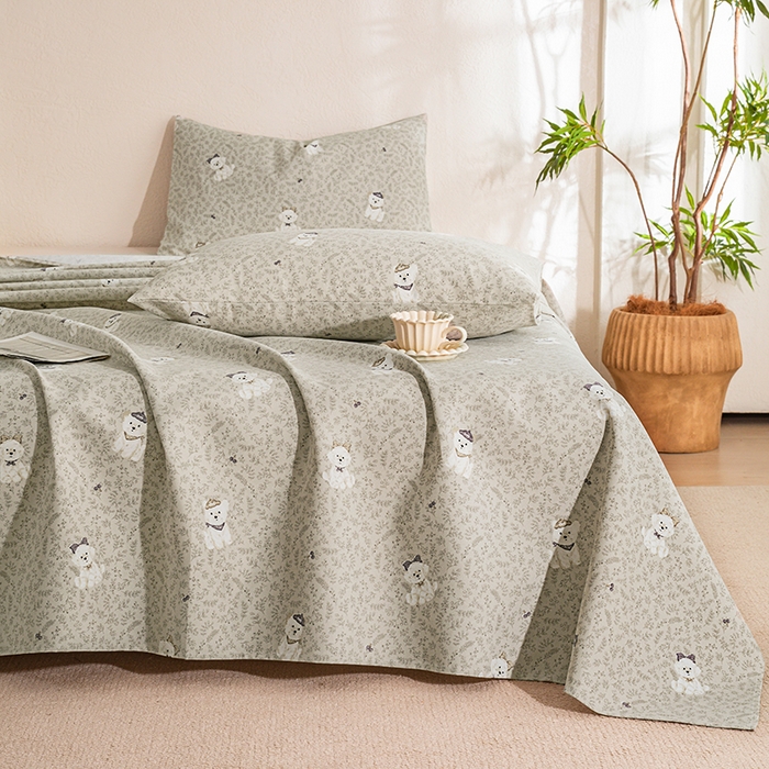 91家纺网 家纺一手货源 找家纺 博弈家纺   2026新款亲肤舒适原棉老粗布床单凉席三件套系列 花漾小狗