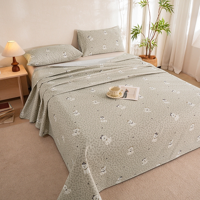 91家纺网 家纺一手货源 找家纺 博弈家纺   2026新款亲肤舒适原棉老粗布床单凉席三件套系列 花漾小狗