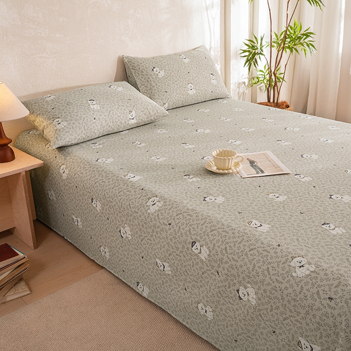 91家纺网 家纺一手货源 找家纺 博弈家纺   2026新款亲肤舒适原棉老粗布床单凉席三件套系列 花漾小狗