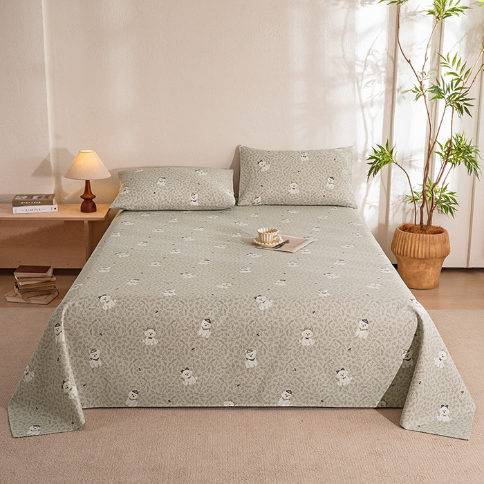 91家纺网 家纺一手货源 找家纺 博弈家纺   2026新款亲肤舒适原棉老粗布床单凉席三件套系列 花漾小狗