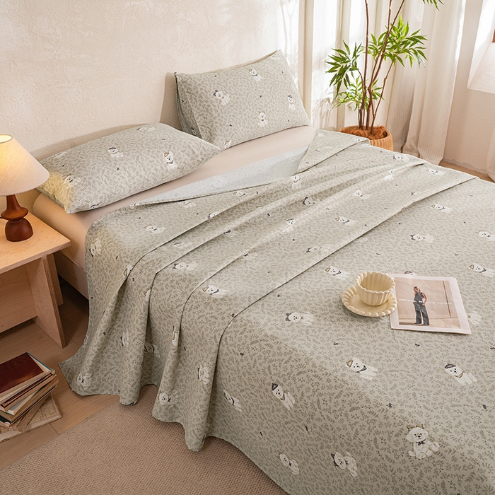 91家纺网 家纺一手货源 找家纺 博弈家纺   2026新款亲肤舒适原棉老粗布床单凉席三件套系列 花漾小狗