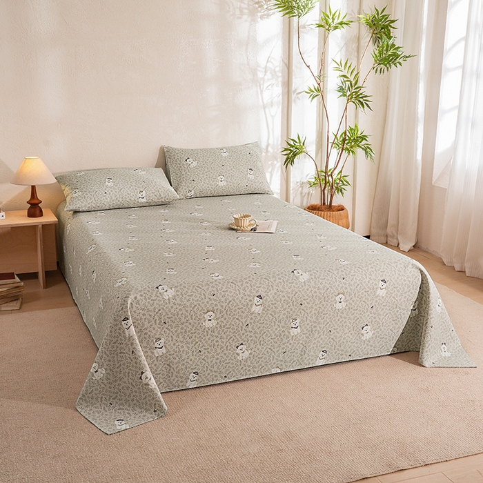 91家纺网 家纺一手货源 找家纺 博弈家纺   2026新款亲肤舒适原棉老粗布床单凉席三件套系列 花漾小狗