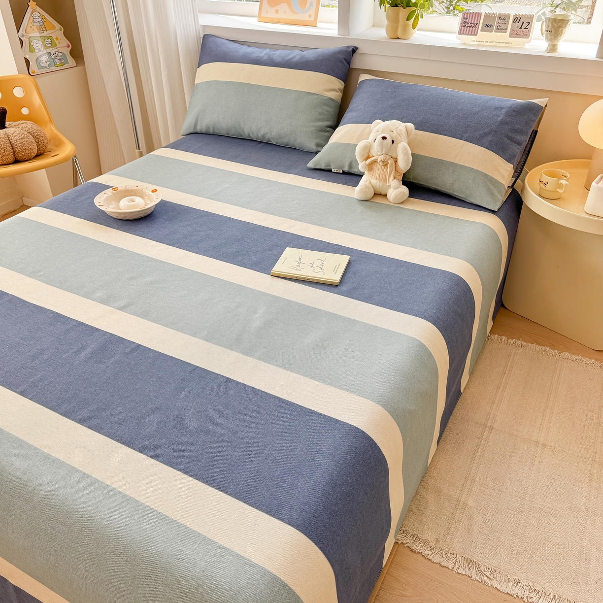 91家纺网 家纺一手货源 找家纺 博弈家纺   2026新款亲肤舒适原棉老粗布床单凉席三件套系列 欢乐时光