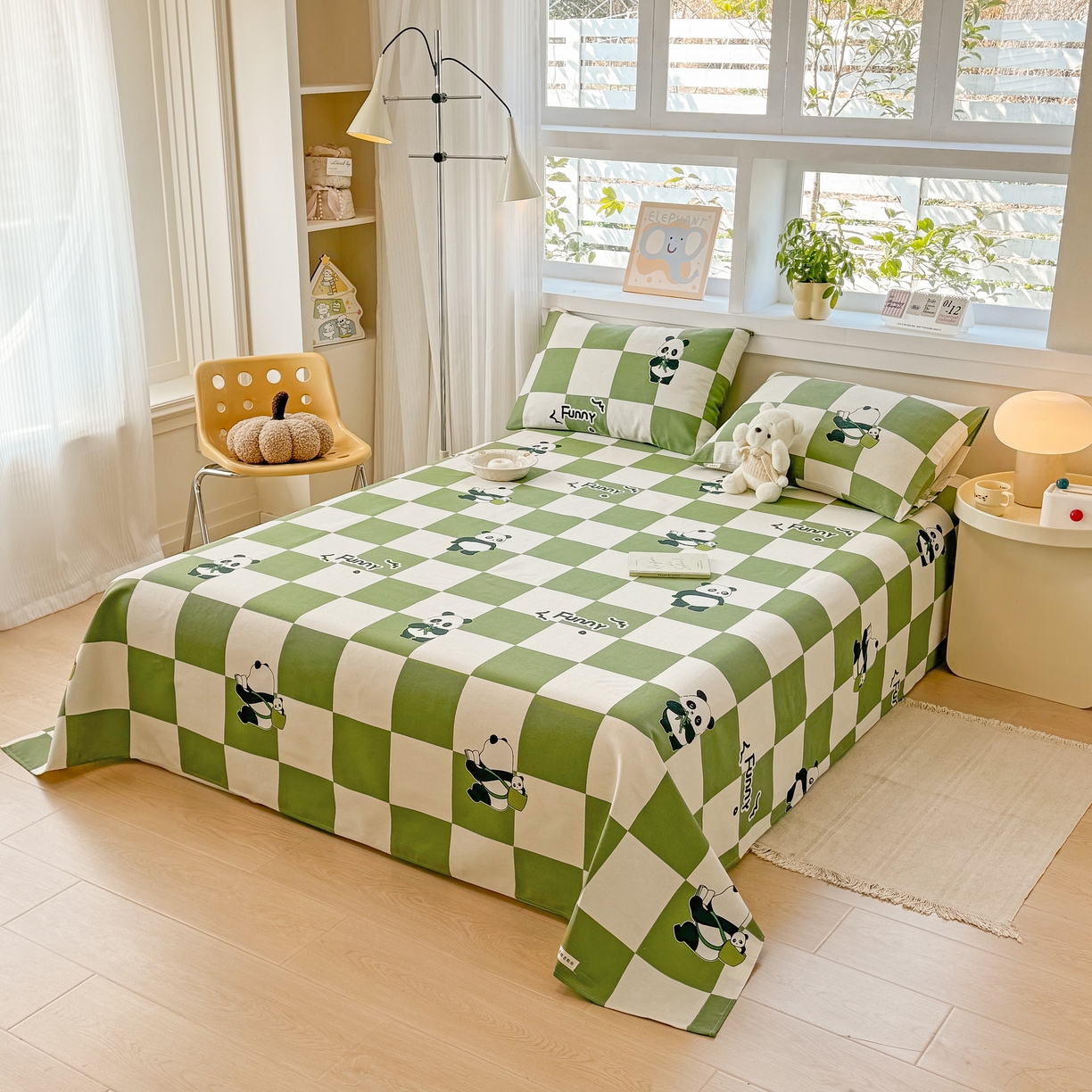 91家纺网 家纺一手货源 找家纺 博弈家纺   2026新款亲肤舒适原棉老粗布床单凉席三件套系列 可爱熊猫