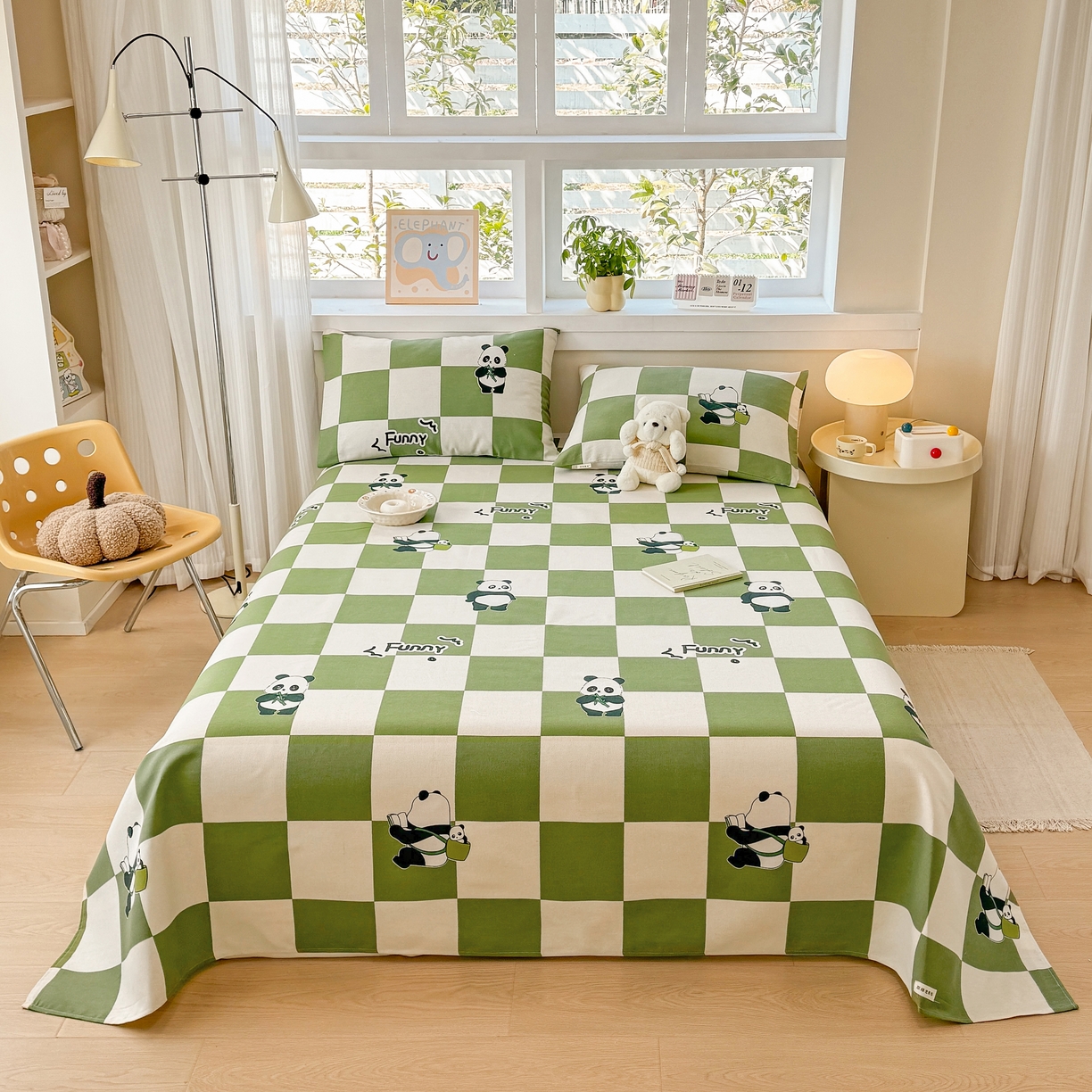 91家纺网 家纺一手货源 找家纺 博弈家纺   2026新款亲肤舒适原棉老粗布床单凉席三件套系列 可爱熊猫