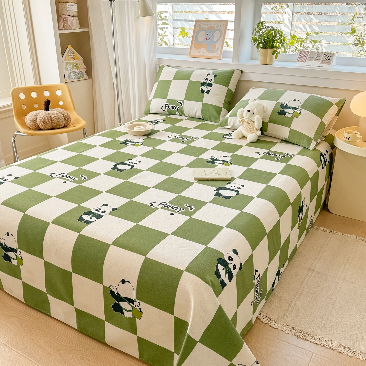 91家纺网 家纺一手货源 找家纺 博弈家纺   2026新款亲肤舒适原棉老粗布床单凉席三件套系列 可爱熊猫