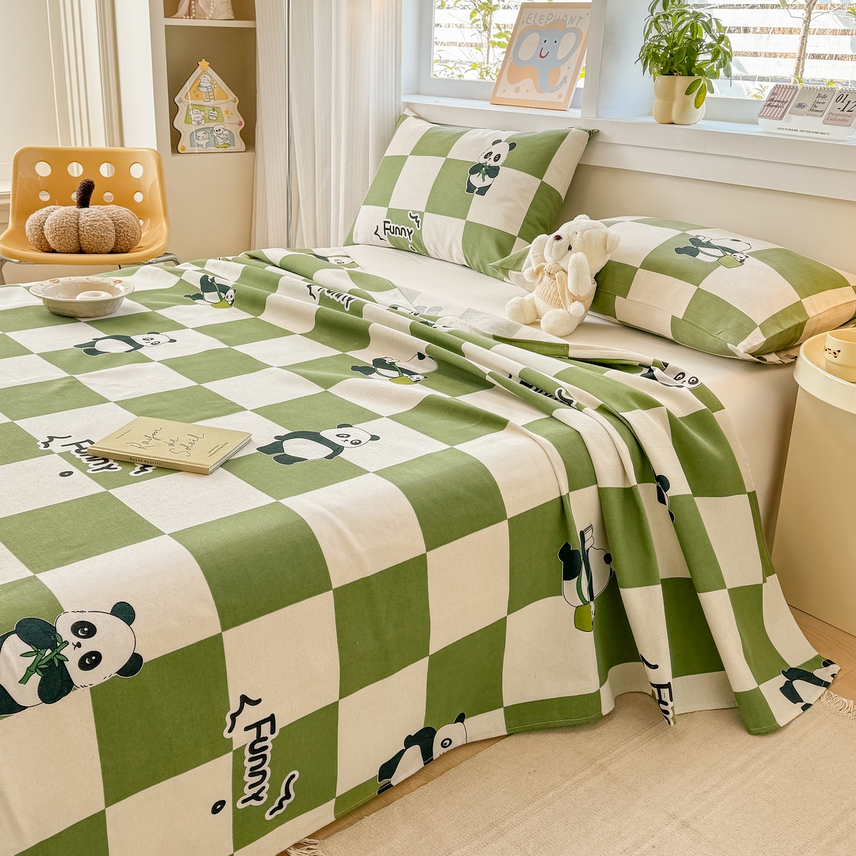 91家纺网 家纺一手货源 找家纺 博弈家纺   2026新款亲肤舒适原棉老粗布床单凉席三件套系列 可爱熊猫