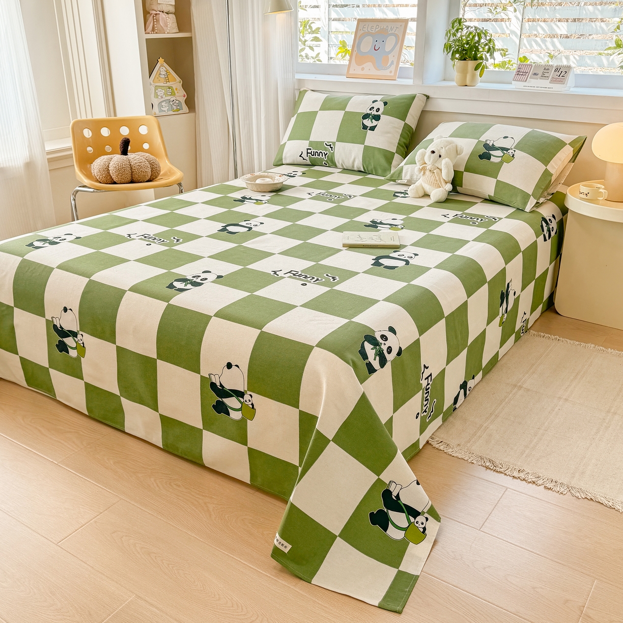 91家纺网 家纺一手货源 找家纺 博弈家纺   2026新款亲肤舒适原棉老粗布床单凉席三件套系列 可爱熊猫