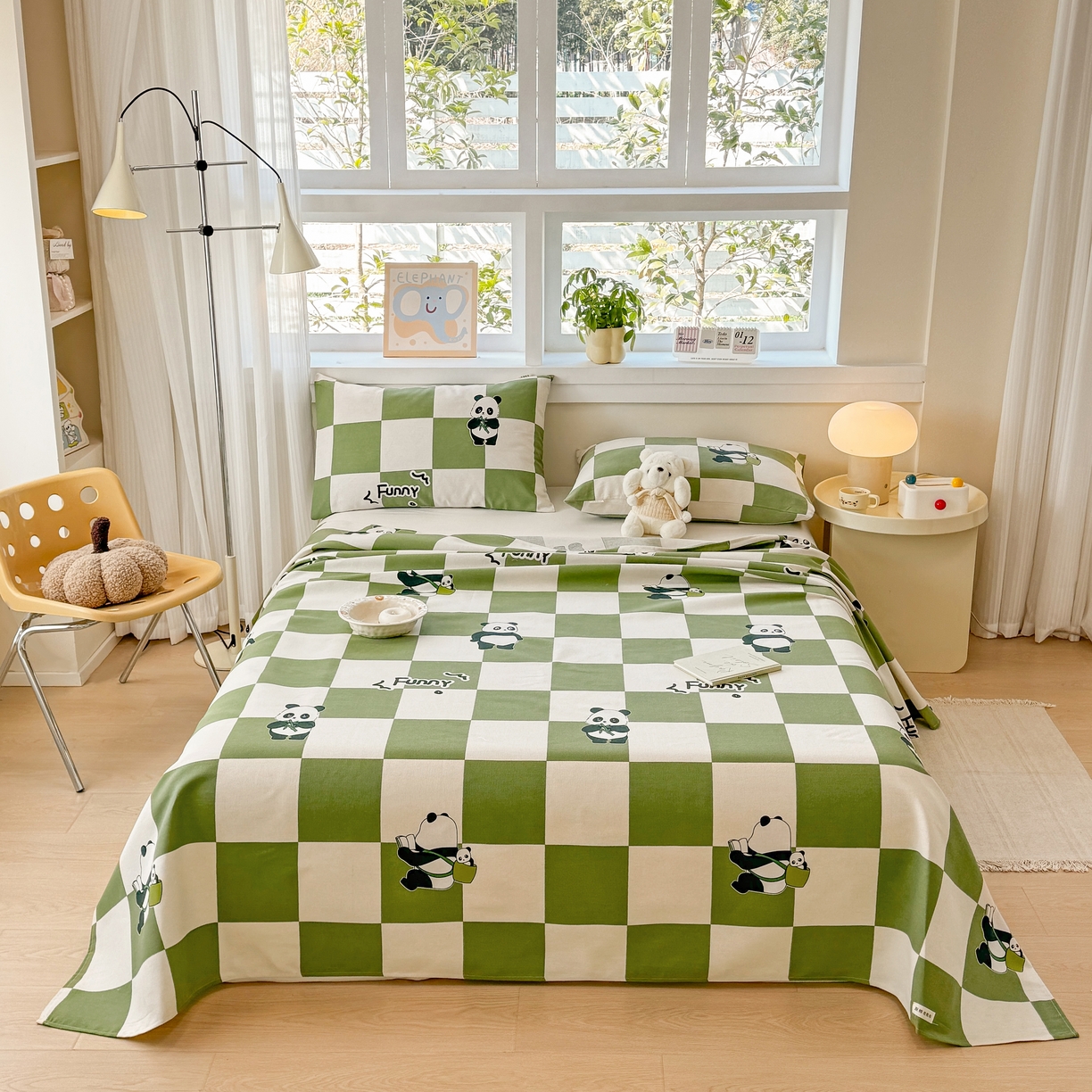 91家纺网 家纺一手货源 找家纺 博弈家纺   2026新款亲肤舒适原棉老粗布床单凉席三件套系列 可爱熊猫