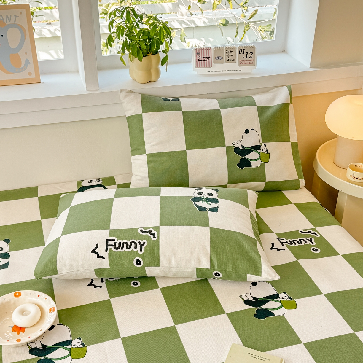 91家纺网 家纺一手货源 找家纺 博弈家纺   2026新款亲肤舒适原棉老粗布床单凉席三件套系列 可爱熊猫