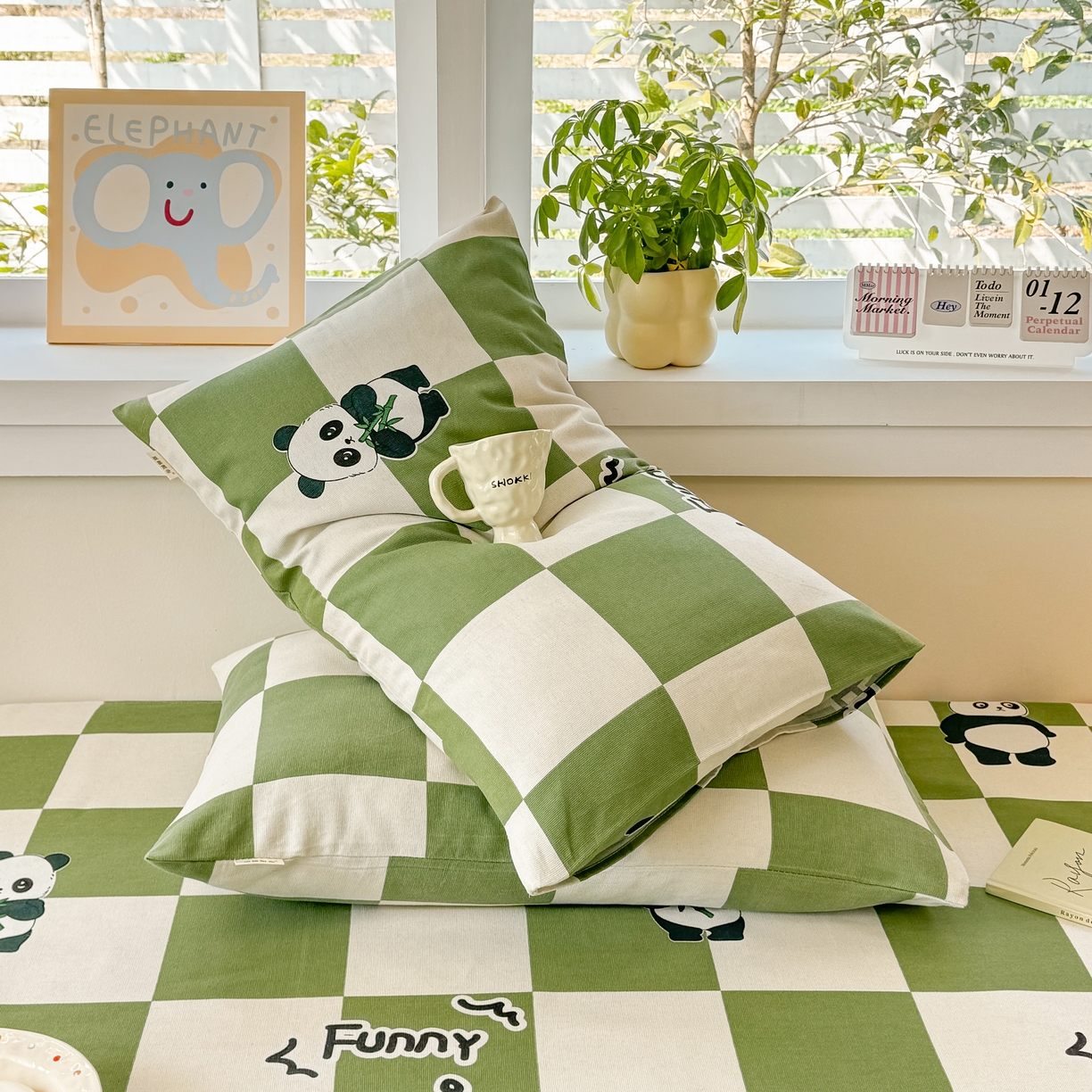 91家纺网 家纺一手货源 找家纺 博弈家纺   2026新款亲肤舒适原棉老粗布床单凉席三件套系列 可爱熊猫