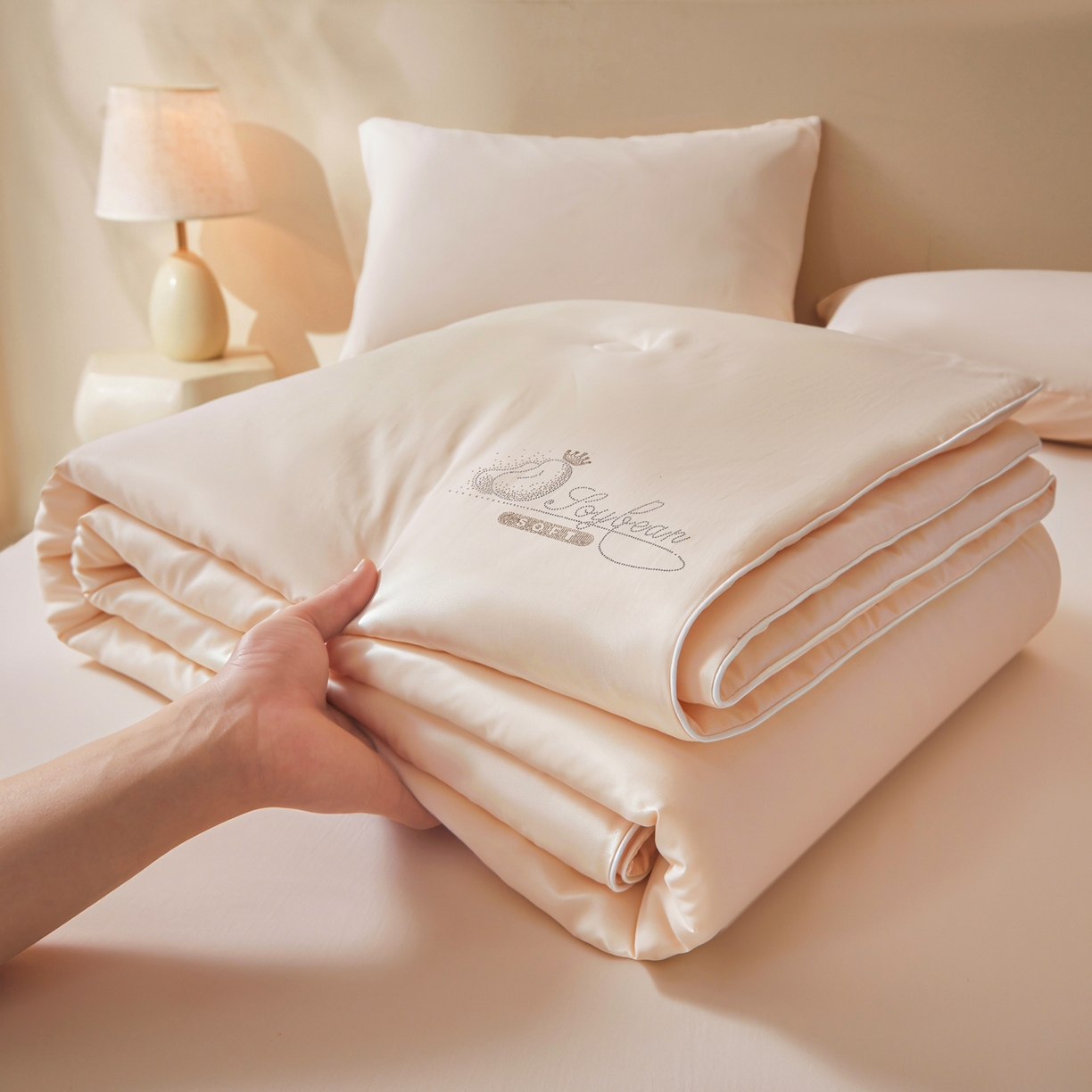 91家纺网 家纺一手货源 找家纺 晓时候 2026新款大豆纤维夏凉被仿锦氨凉感夏被烫钻空调被被子被芯 玫瑰金