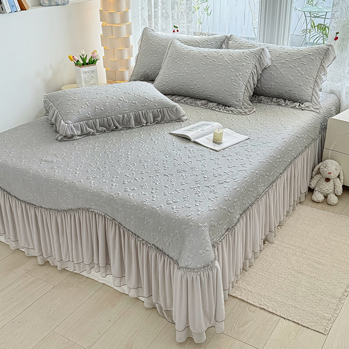 91家纺网 家纺一手货源 找家纺 金绣美居 2026新款PE高分子复合凉感席韩版床裙款凉席三件套-小确幸 （控价不低于159/169元）小确幸-灰色