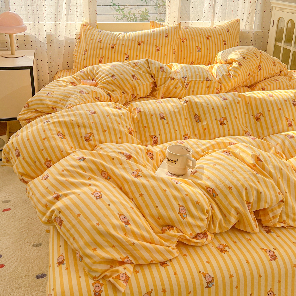 91家纺网 家纺一手货源 找家纺 感遇家纺 2026新款A类全棉有氧双层纱卡通四件套 小星星