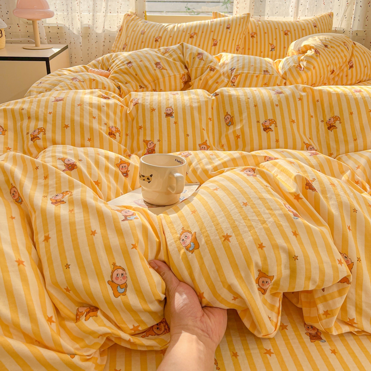 91家纺网 家纺一手货源 找家纺 感遇家纺 2026新款A类全棉有氧双层纱卡通四件套 小星星