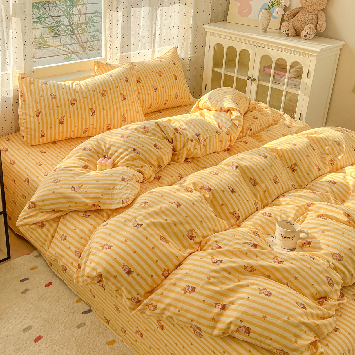 91家纺网 家纺一手货源 找家纺 感遇家纺 2026新款A类全棉有氧双层纱卡通四件套 小星星