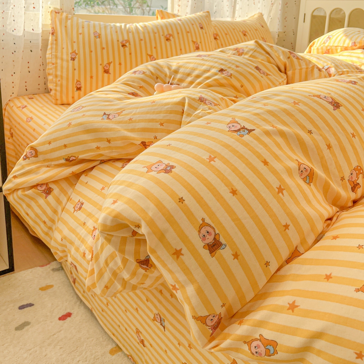 91家纺网 家纺一手货源 找家纺 感遇家纺 2026新款A类全棉有氧双层纱卡通四件套 小星星