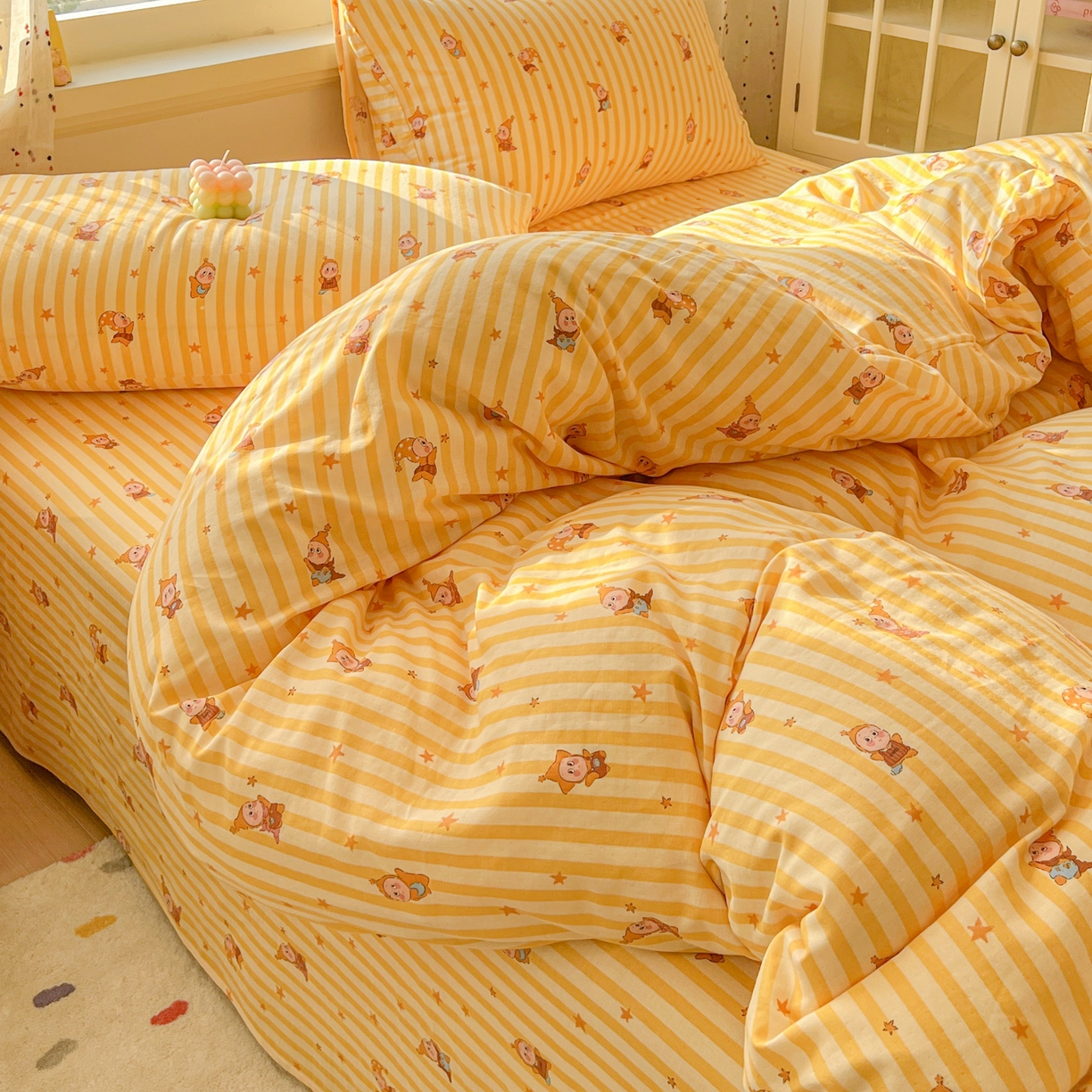 91家纺网 家纺一手货源 找家纺 感遇家纺 2026新款A类全棉有氧双层纱卡通四件套 小星星