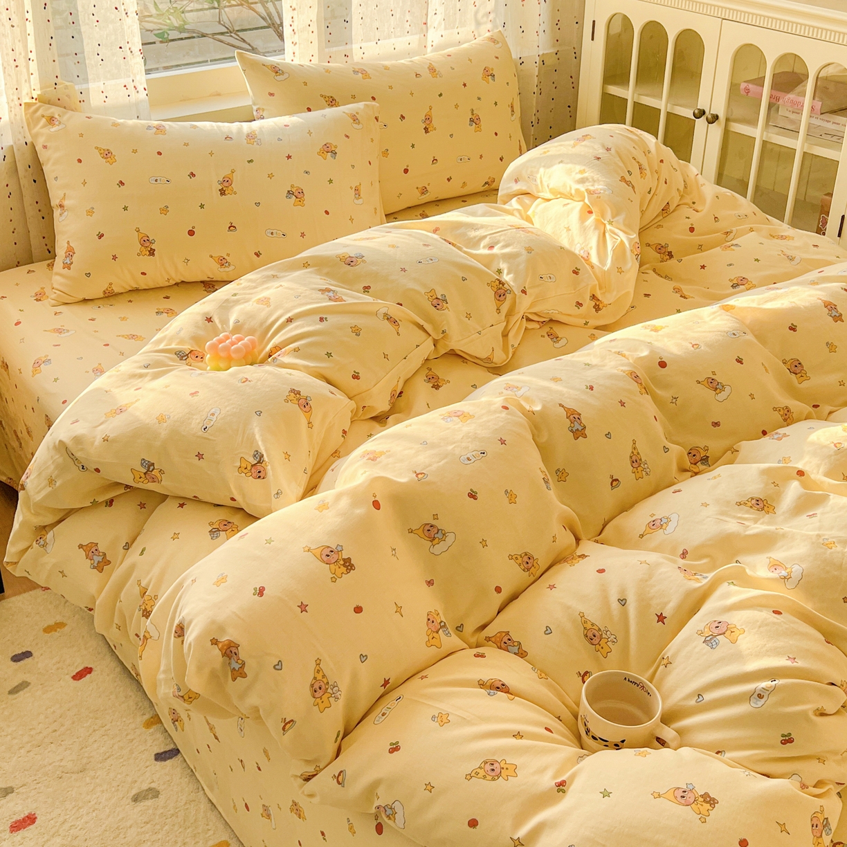 91家纺网 家纺一手货源 找家纺 感遇家纺 2026新款A类全棉有氧双层纱卡通四件套 星星人