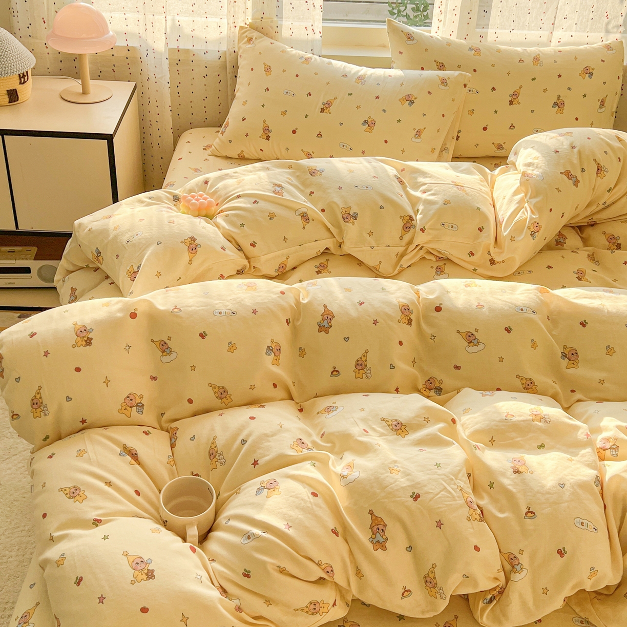 91家纺网 家纺一手货源 找家纺 感遇家纺 2026新款A类全棉有氧双层纱卡通四件套 星星人