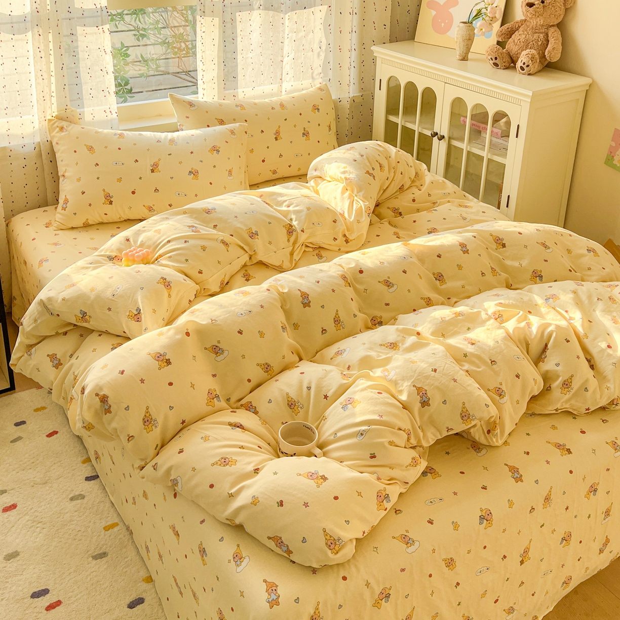 91家纺网 家纺一手货源 找家纺 感遇家纺 2026新款A类全棉有氧双层纱卡通四件套 星星人