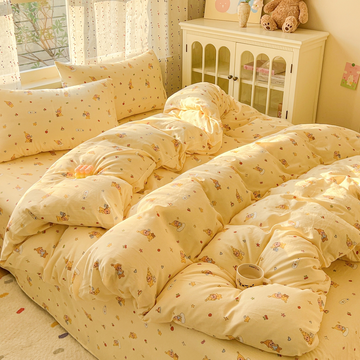 91家纺网 家纺一手货源 找家纺 感遇家纺 2026新款A类全棉有氧双层纱卡通四件套 星星人