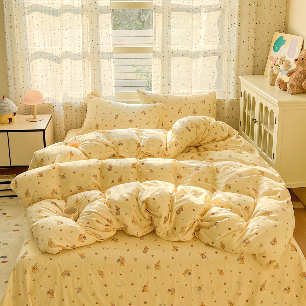 91家纺网 家纺一手货源 找家纺 感遇家纺 2026新款A类全棉有氧双层纱卡通四件套 星星人