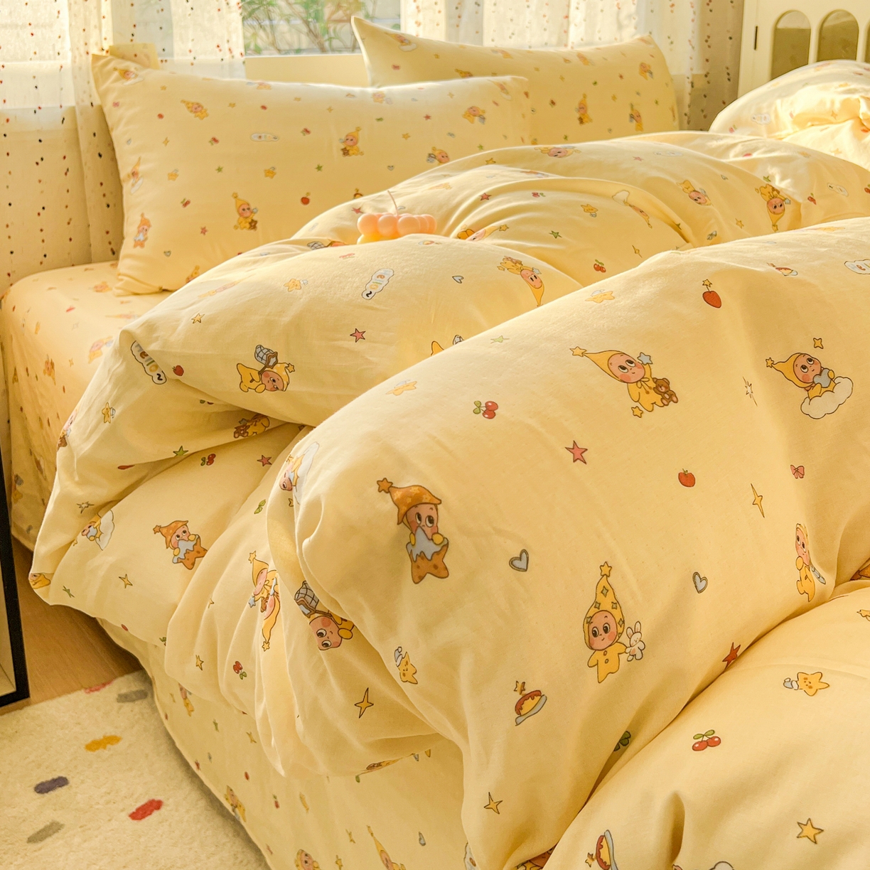 91家纺网 家纺一手货源 找家纺 感遇家纺 2026新款A类全棉有氧双层纱卡通四件套 星星人