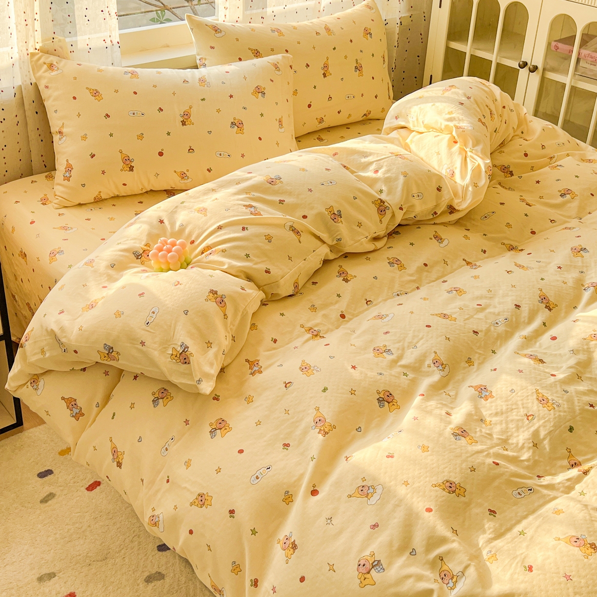 91家纺网 家纺一手货源 找家纺 感遇家纺 2026新款A类全棉有氧双层纱卡通四件套 星星人