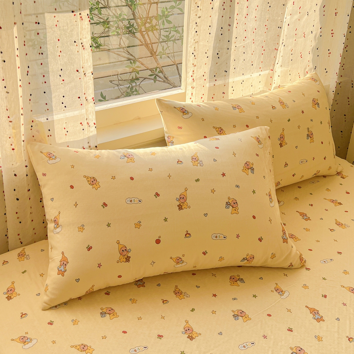 91家纺网 家纺一手货源 找家纺 感遇家纺 2026新款A类全棉有氧双层纱卡通四件套 星星人