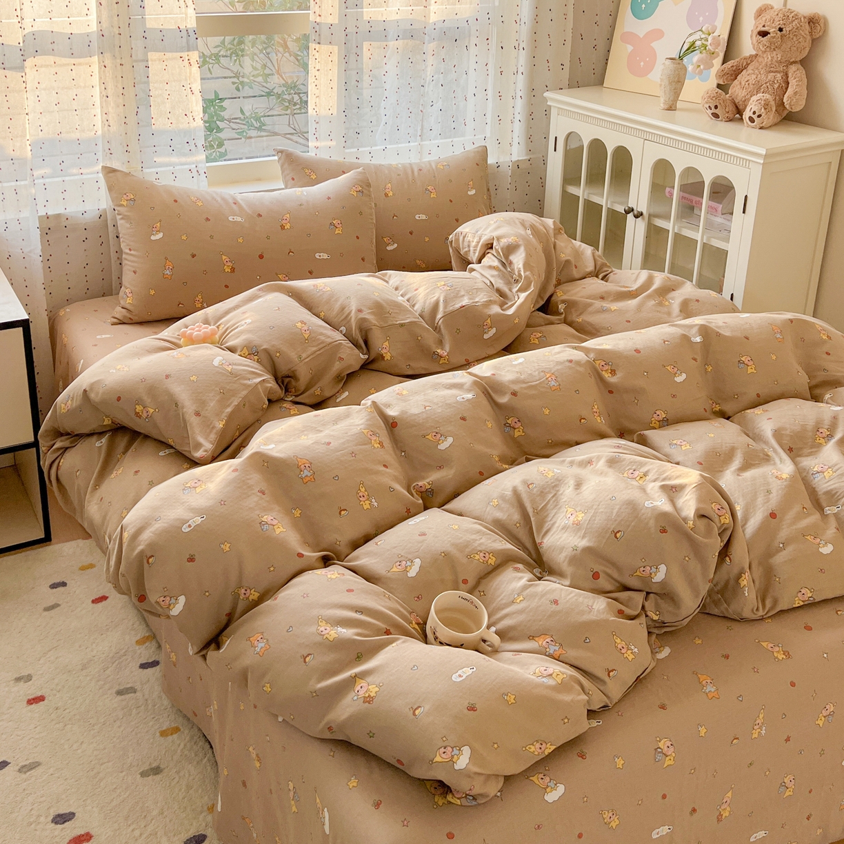 91家纺网 家纺一手货源 找家纺 感遇家纺 2026新款A类全棉有氧双层纱卡通四件套 星星人咖