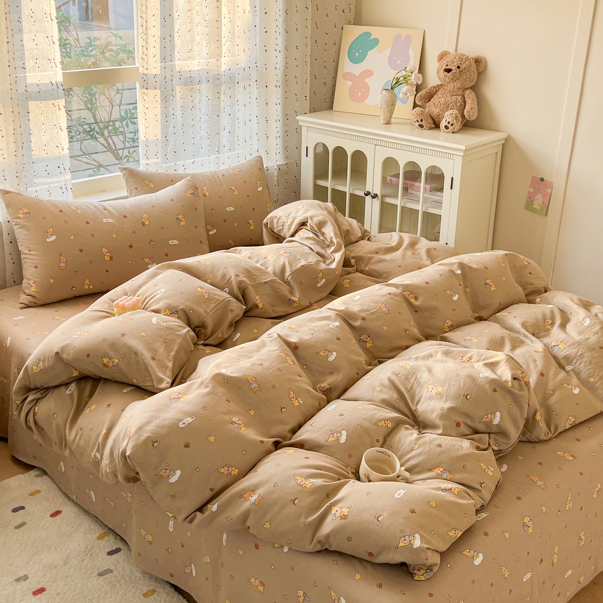 91家纺网 家纺一手货源 找家纺 感遇家纺 2026新款A类全棉有氧双层纱卡通四件套 星星人咖