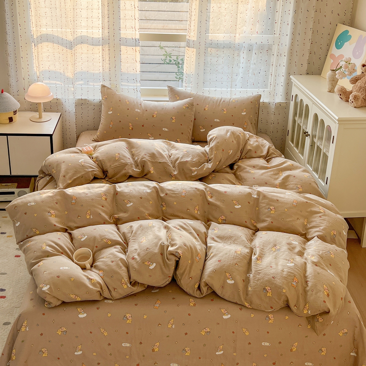 91家纺网 家纺一手货源 找家纺 感遇家纺 2026新款A类全棉有氧双层纱卡通四件套 星星人咖